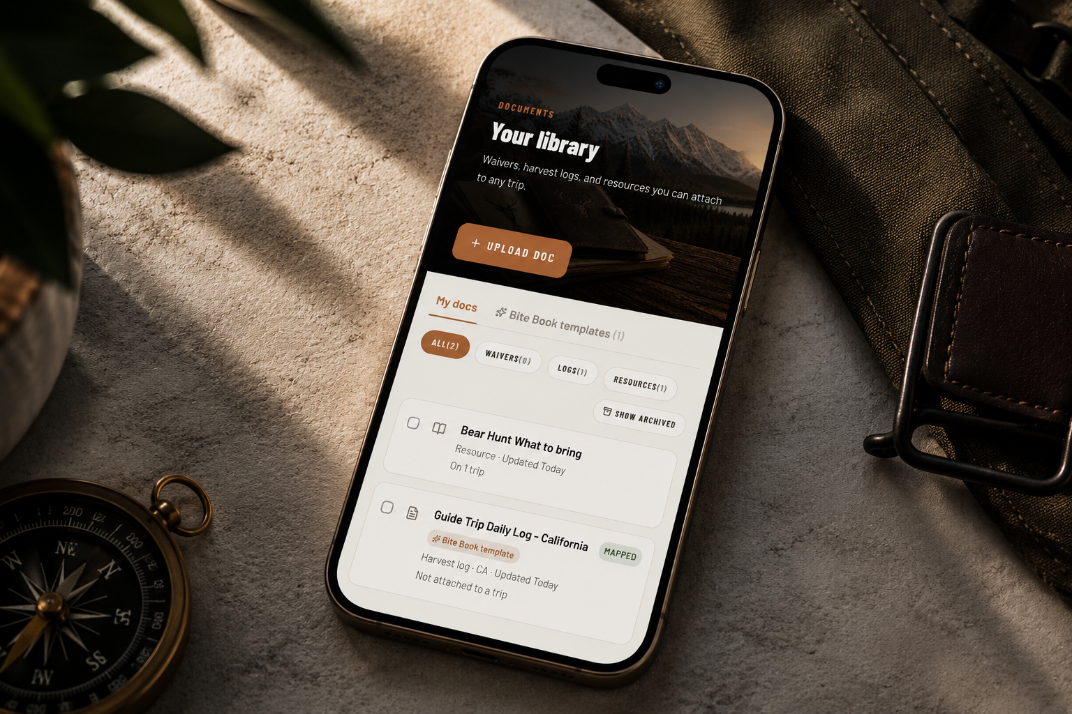 Bite Book document library showing waivers, harvest logs, and signed resources
