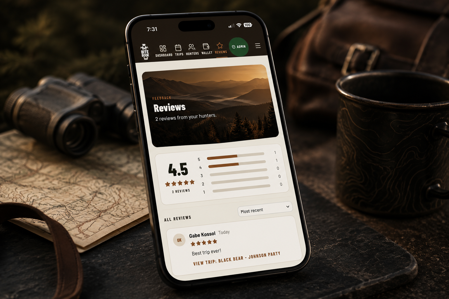 Bite Book reviews from hunters showing star ratings and trip feedback