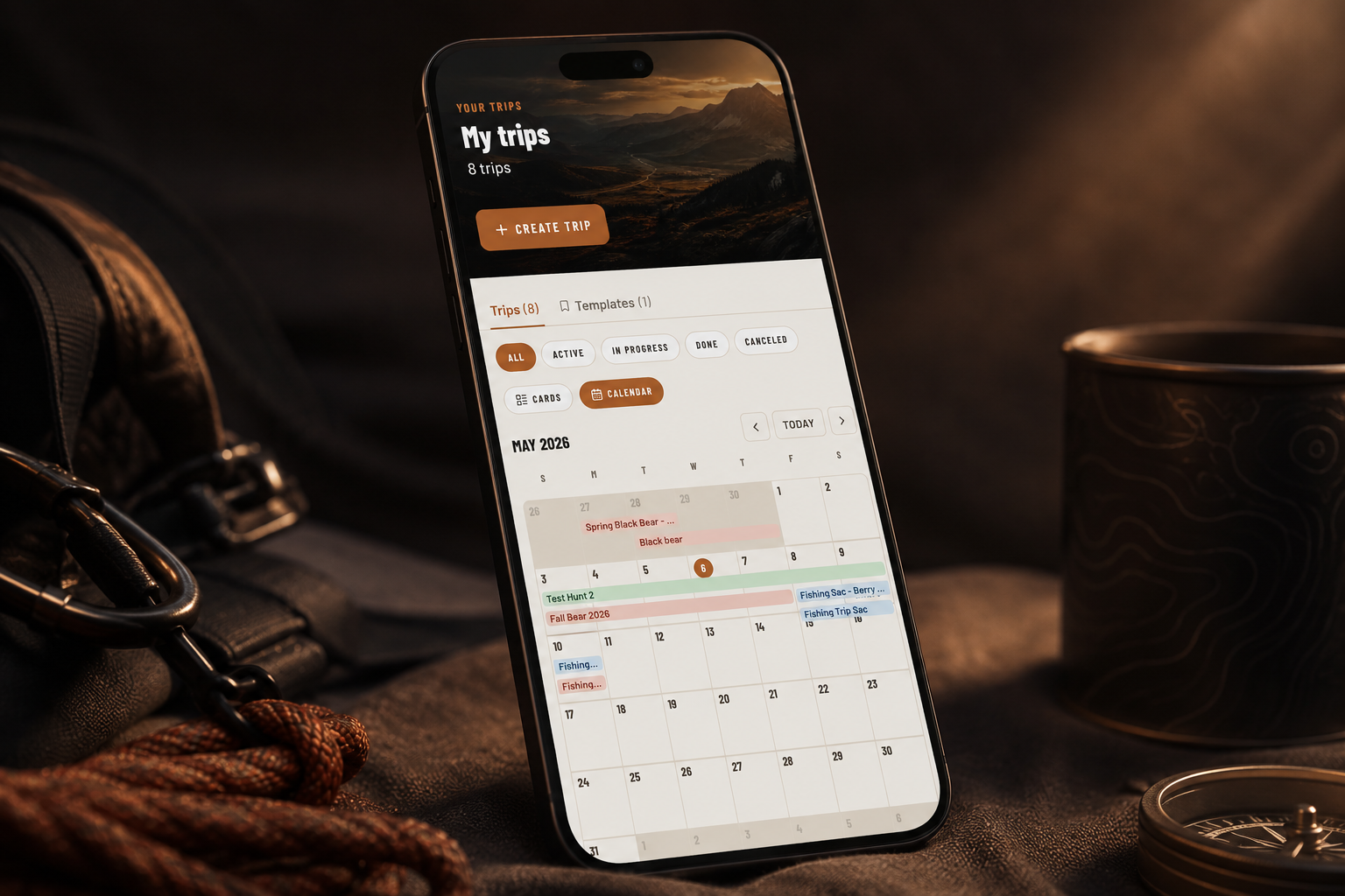 Bite Book trips dashboard showing upcoming hunts, hunter assignments, and locations
